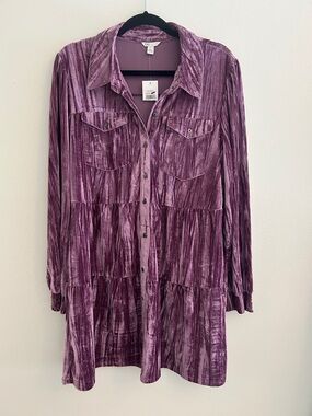 Cato Velvet Tiered Shirt Dress in Plum Large NWT